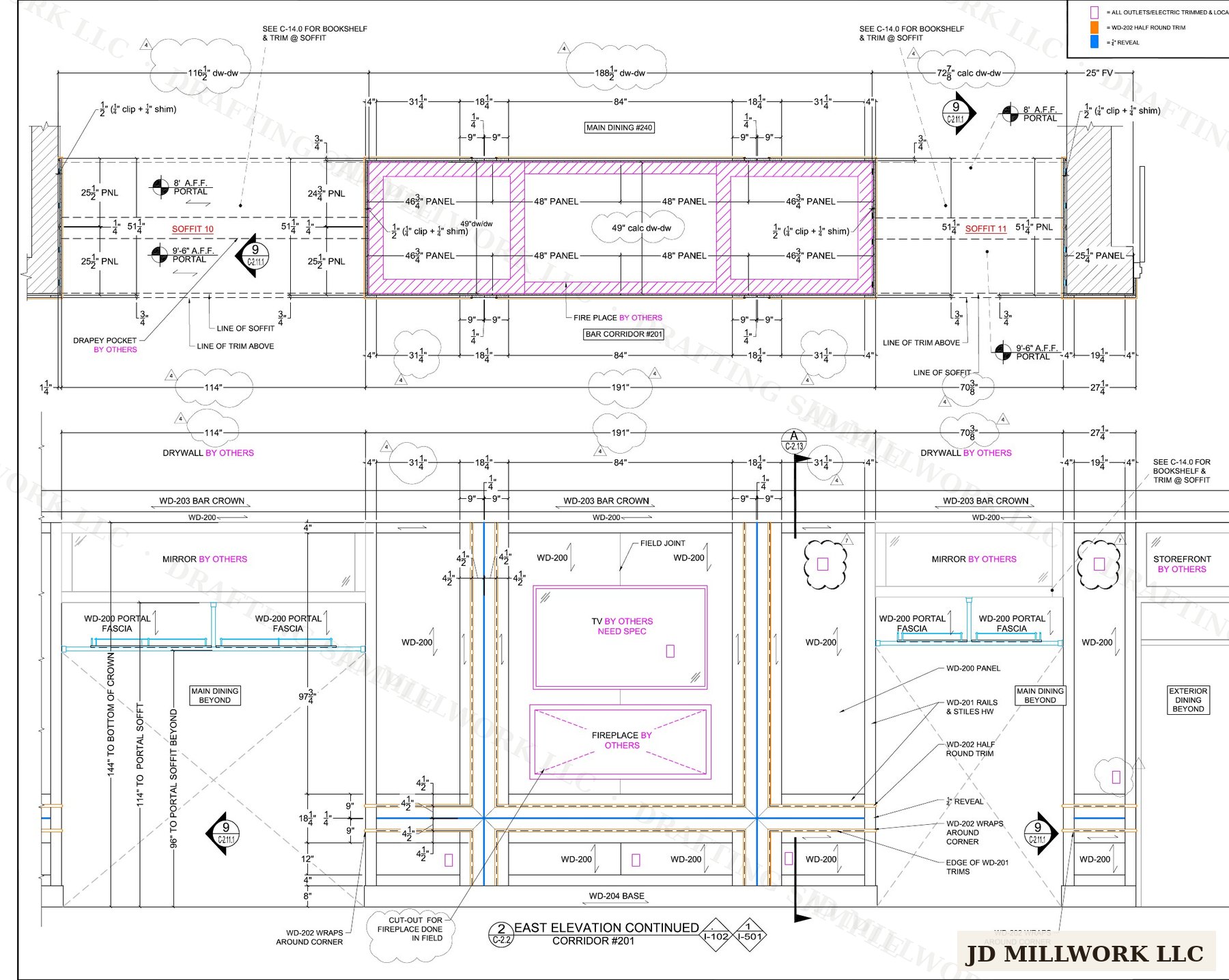 Drafting sample — Purdue Dye Steakhouse fireplace wall elevation