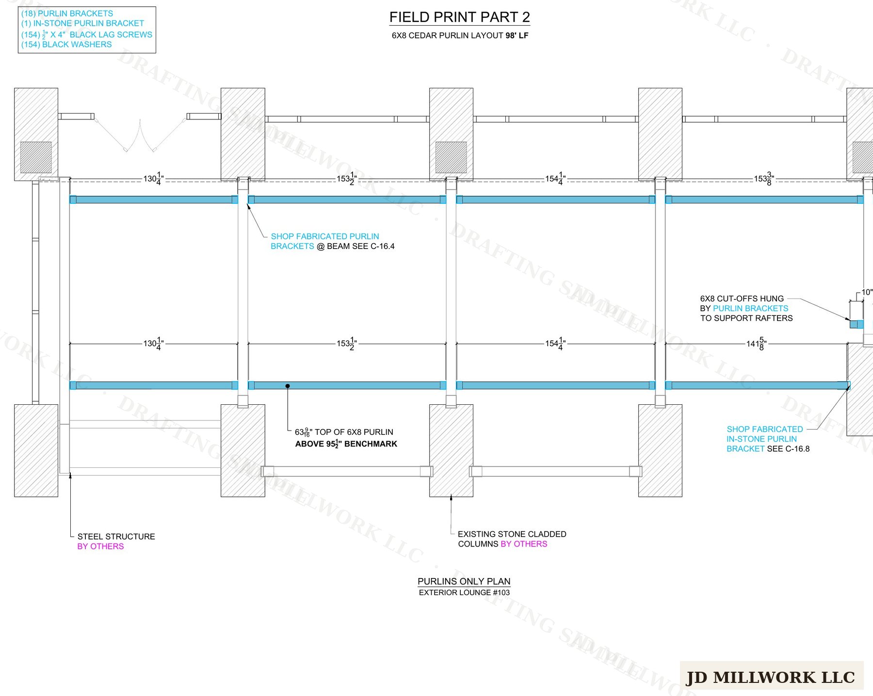 Cedar pergola purlin layout drawing showing shop-fabricated steel brackets and stone-clad column ties — Westin Domain Austin exterior trellis